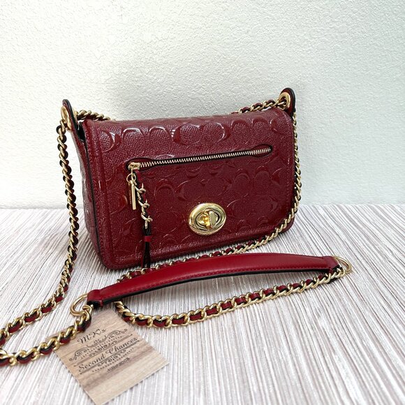 Coach Lex Small Flap Crossbody F22292 - Dark Red Debossed Patent Leather in EUC - Picture 1 of 14